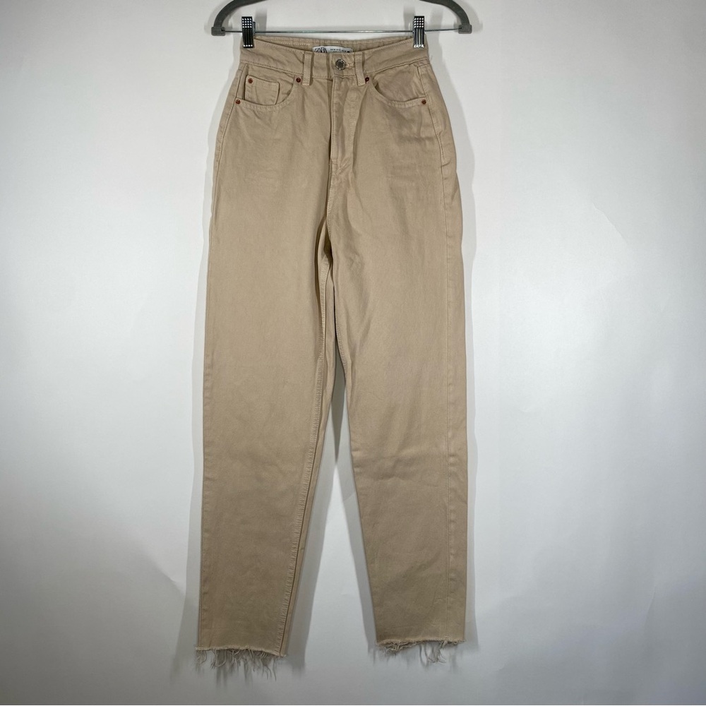 Zara Beige Raw Hem Cotton High Rise Mom Denim Jeans Size 0 Neutral Casual